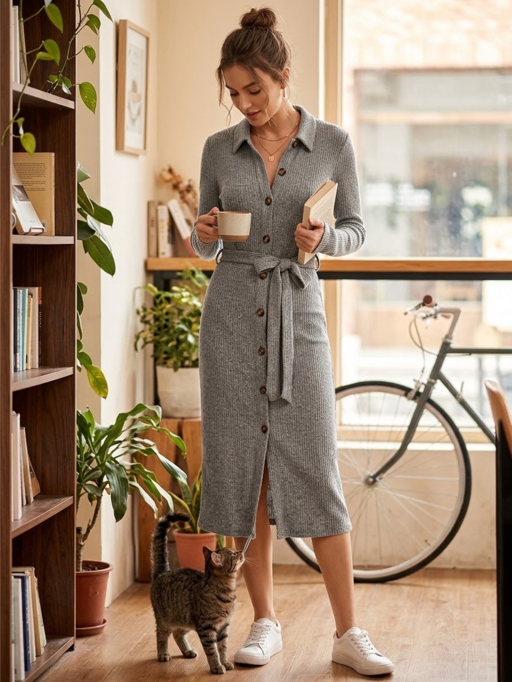MONTEAU Los Angeles Gray Knit Button-Up Belted Midi Dress size large